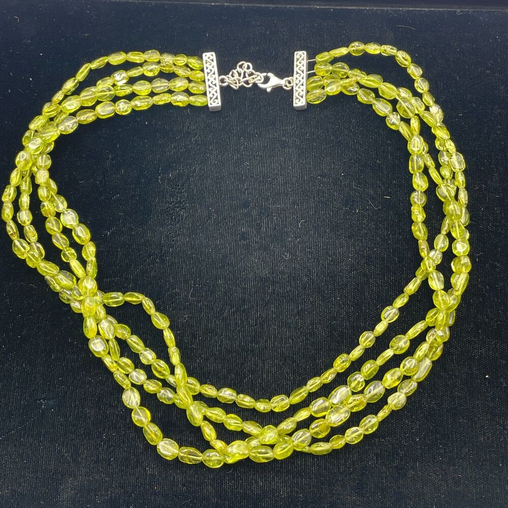Natural Peridot Multi Strand Green Gemstone Necklace 925 Sterling Lobster Clasp